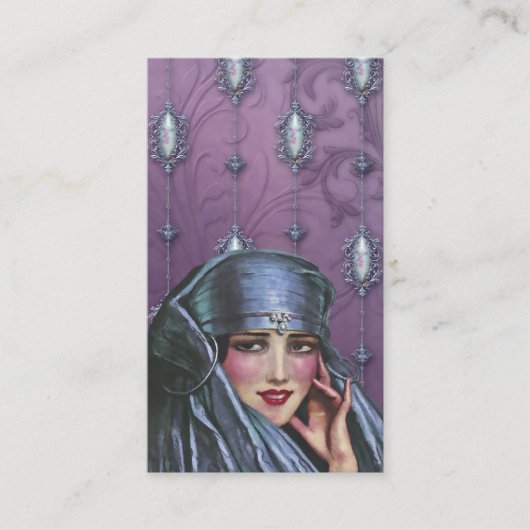 KASHMIR KARMA, EXOTISCHE LADY IN BLAUW EN MAUVE VISITEKAARTJE (Voorkant)