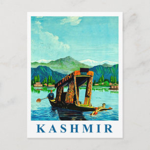 Kashmir, traditionele boot op meer, vintage reis briefkaart