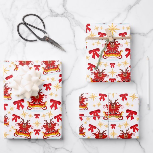 Kasky Cute Kerstsleigh Reindeer Pattern Inpakpapier Vel (Voorkant)