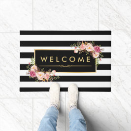Kassy Black White Stripes Beauful Floral Decor Deurmat