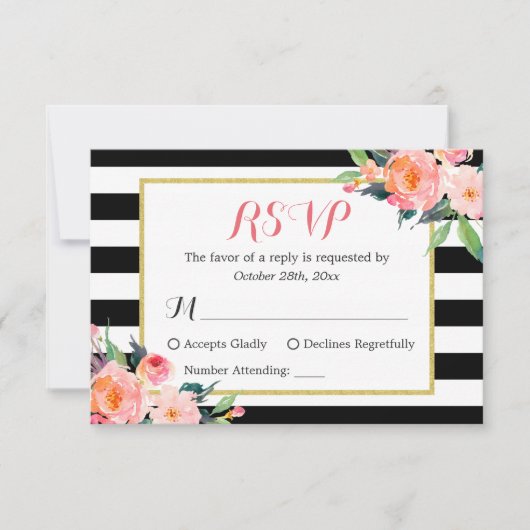 Kassy Black White Stripes Floral RSVP Antwoord (Voorkant)