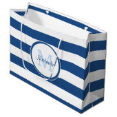 Kassy Deep Blue Stripes Pattern met naam Large Cadeautasje (Voorkant Gekanteld)