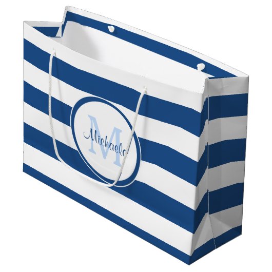 Kassy Deep Blue Stripes Pattern met naam Large Cadeautasje (Voorkant Gekanteld)