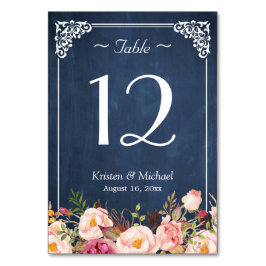 Kassy Floral Blue Chalkboard Weddenschappen Number Kaart