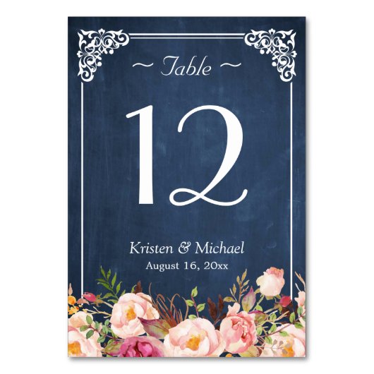Kassy Floral Blue Chalkboard Weddenschappen Number Kaart (Voorkant)