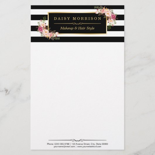  Kassy Floral Gold Black White Stripes Briefpapier (Voorkant)