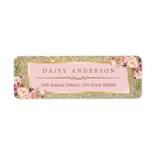 Kassy Floral Pink Gold Glitter Sparkles Etiket (Voorkant)