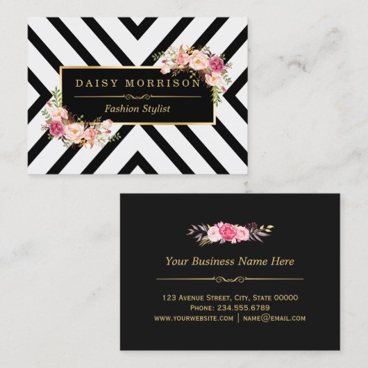 Kassy Gold  Floral Black White Stripes Visitekaartje (Voorkant / Achterkant)