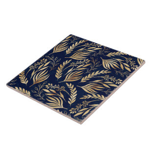 Kassy Gold Foliage Botanical Blue Design Tegeltje