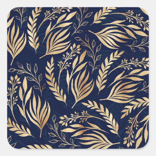 Kassy Gold Foliage Botanical Blue Design Vierkante Sticker (Voorkant)