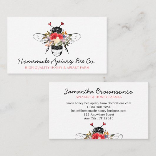 Kassy Heart Floral Apiary Honey Bee Visitekaartje (Voorkant / Achterkant)
