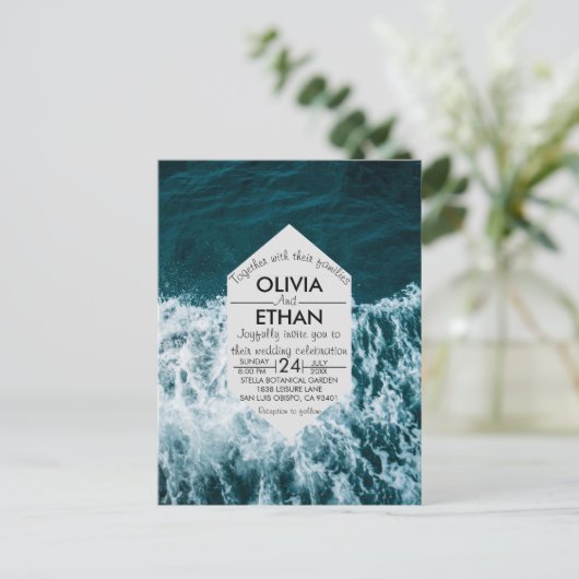 Kassy marineblauw kuststrand Uitnodiging Briefkaar (Staand voorkant)