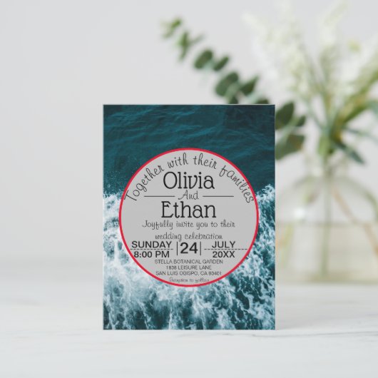 Kassy marineblauw kuststrand Uitnodiging briefkaar (Staand voorkant)