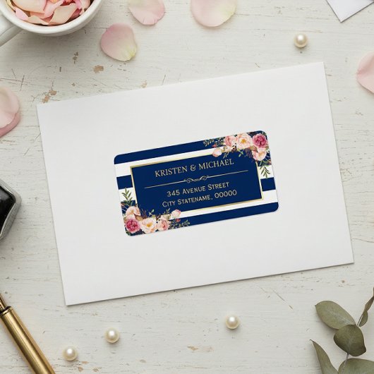 Kassy Pink Floral Gold Navy Blue Stripes Etiket