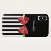 Kassy Red Bow Black en White Stripes met naam Case-Mate iPhone Case (Achterkant (horizontaal))