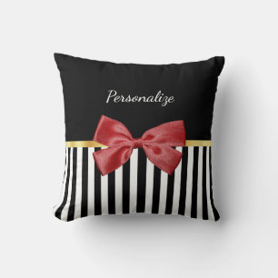 Kassy Red Bow Black en White Stripes met naam Kussen