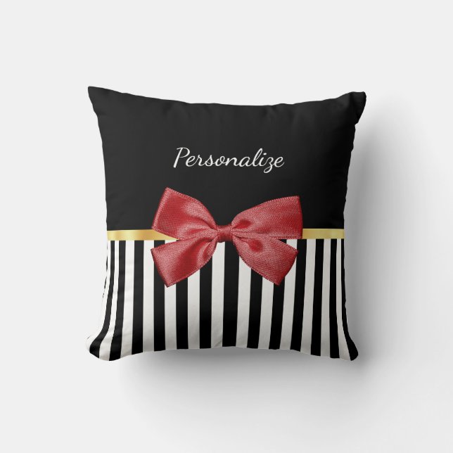 Kassy Red Bow Black en White Stripes met naam Kussen (Voorkant)