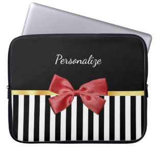 Kassy Red Bow Black en White Stripes met naam Laptop Sleeve