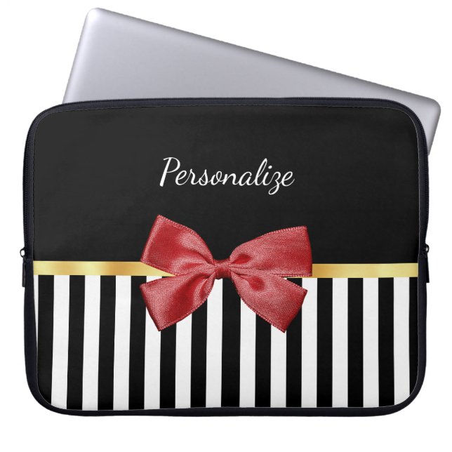 Kassy Red Bow Black en White Stripes met naam Laptop Sleeve (Voorkant)