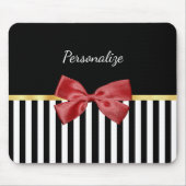 Kassy Red Bow Black en White Stripes met naam Muismat (Voorkant)