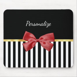 Kassy Red Bow Black en White Stripes met naam Muismat