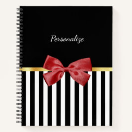 Kassy Red Bow Black en White Stripes met naam Notitieboek