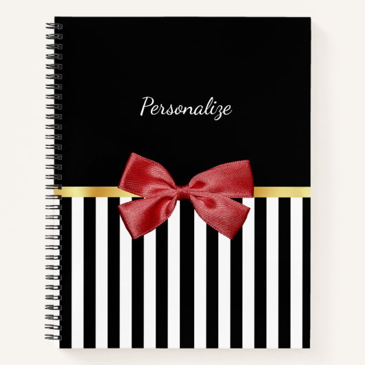 Kassy Red Bow Black en White Stripes met naam Notitieboek (Voorkant)