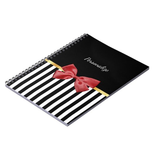 Kassy Red Bow Black en White Stripes met naam Notitieboek (Linkerzijde)