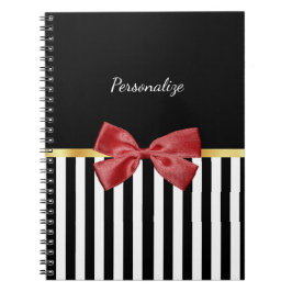 Kassy Red Bow Black en White Stripes met naam Notitieboek