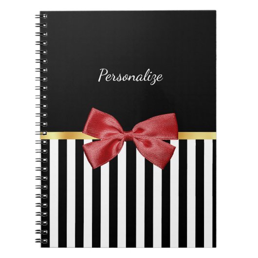 Kassy Red Bow Black en White Stripes met naam Notitieboek (Voorkant)