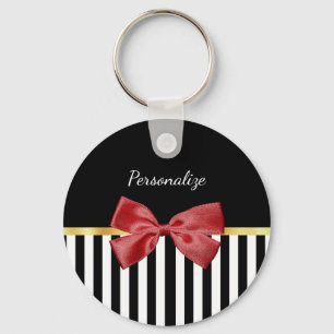 Kassy Red Bow Black en White Stripes met naam Sleutelhanger