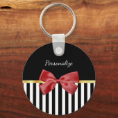 Kassy Red Bow Black en White Stripes met naam Sleutelhanger (Voorkant)