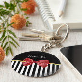 Kassy Red Bow Black en White Stripes met naam Sleutelhanger (Zijkant)