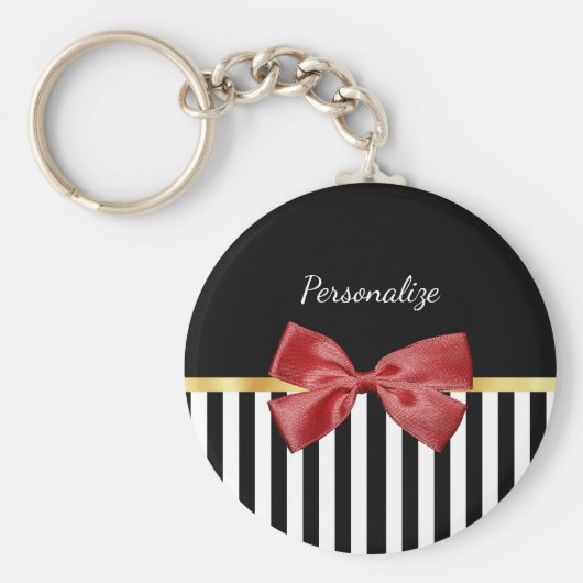 Kassy Red Bow Black en White Stripes met naam Sleutelhanger (Voorkant)