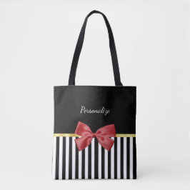 Kassy Red Bow Black en White Stripes met naam Tote Bag