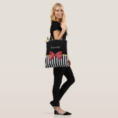 Kassy Red Bow Black en White Stripes met naam Tote Bag (Op model)