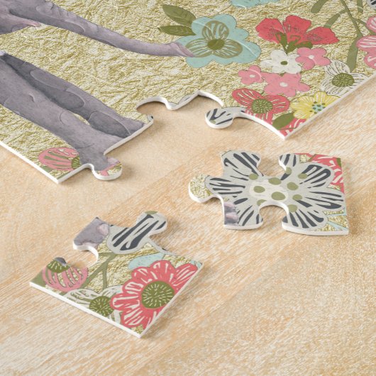 Kassy Waterverf Elephant Floral Lijst Gold Foil Legpuzzel (Zijkant)