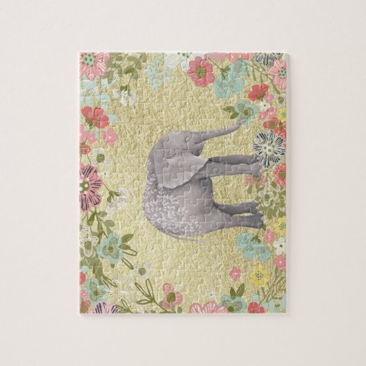 Kassy Waterverf Elephant Floral Lijst Gold Foil Legpuzzel (Verticaal)