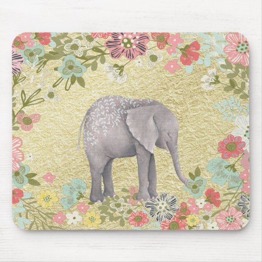 Kassy Waterverf Elephant Floral Lijst Gold Foil Muismat (Voorkant)