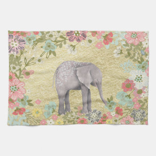 Kassy Waterverf Elephant Floral Lijst Gold Foil Theedoek