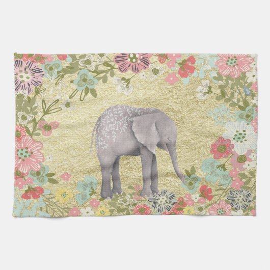 Kassy Waterverf Elephant Floral Lijst Gold Foil Theedoek (Horizontaal)