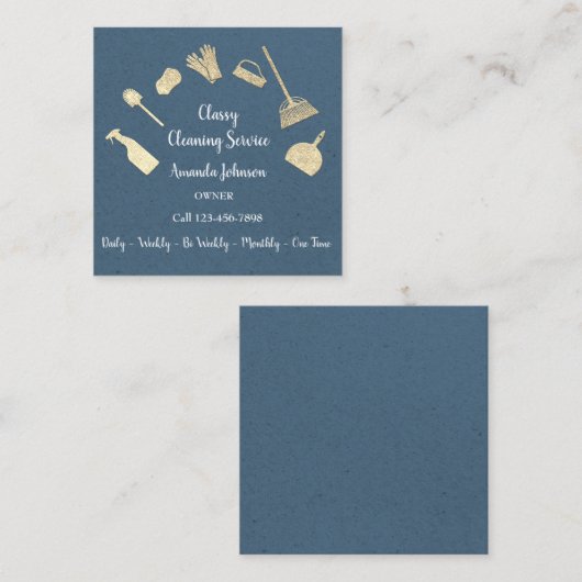 Kassyreinigingsdiensten Gold Logo Maid Kraft Navy Vierkante Visitekaartje (Voorkant / Achterkant)
