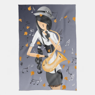 Kast saxophonist Golden Leaves Tea Towel Theedoek