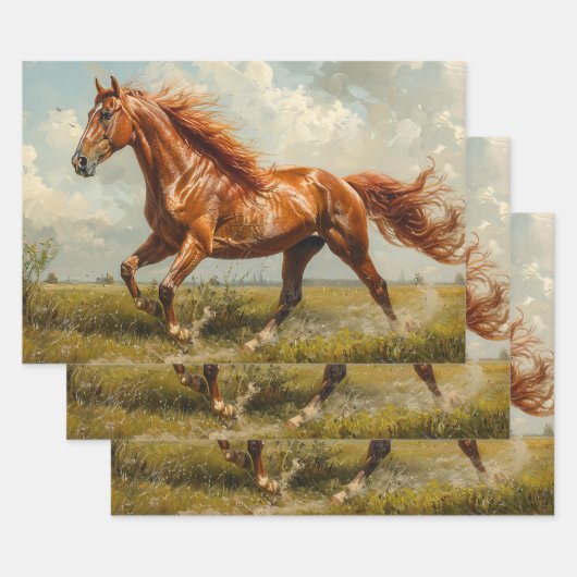Kastanje Paard Galloping Olieverfschilderij Decoup Inpakpapier Vel (Set)