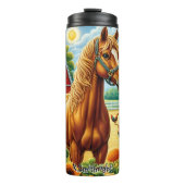 Kastanje Paard in Sunny Farmyard Thermosbeker (Voorkant)