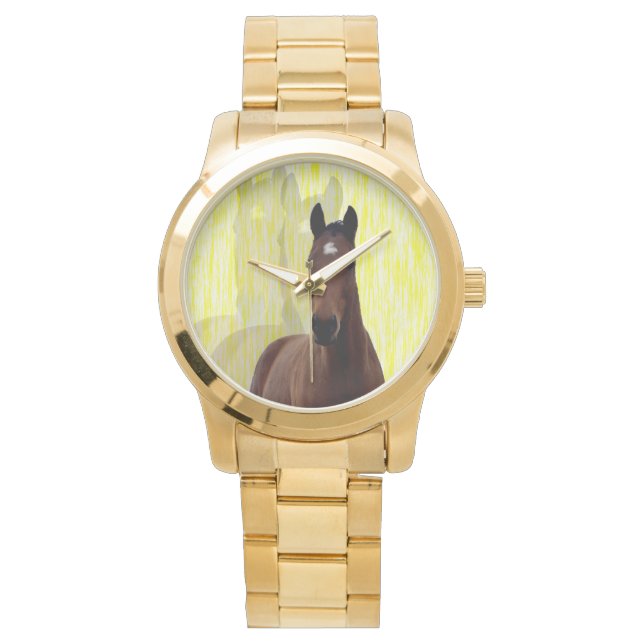 Kastanje Paard Schaduwen, Grote Gouden Unisex Horl Horloge (Voorkant)