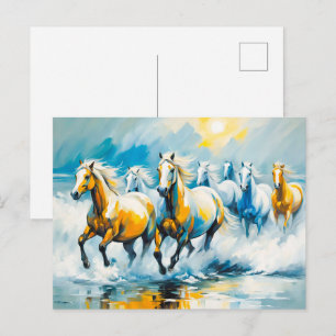 Kastanjebruine paarden rennen door ondiepe zee briefkaart