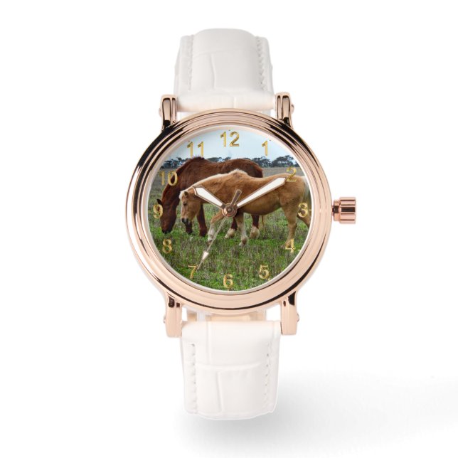 Kastanjemare en palomino veulen, horloge (Voorkant)