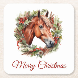 Kastanjepaard en kerstkrans Waterverf Kartonnen Onderzetters