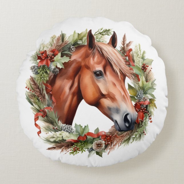 Kastanjepaard en kerstkrans Waterverf Rond Kussen (Voorkant)